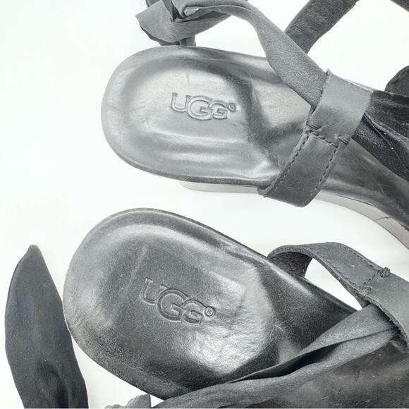UGG Sedona Black Tie Strap Wedge Heel Sandals Genuine Leather Size 8 Summer Boho - Picture 15 of 16